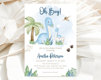 Bearbeitbare Dinosaurier-Babypartyeinladung, Greenery Boho Dinosaurier-Babypartyeinladung, Oh Boy Dinosaurier-Duscheeinladung, BBS32