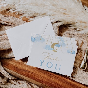 Editable Twinkle Twinkle Little Star Baby Shower Thank You Card, Blue Boy Baby Shower, Gold Moon Stars Card, Instant Download, CLP40