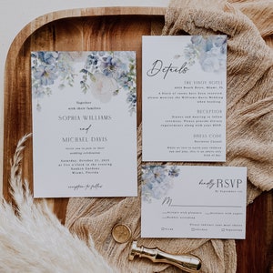 Dusty Blue Floral Wedding Invitation Suite, Navy & White Floral Wedding Invite Template, Printable Garden Wedding Invitation, WD7