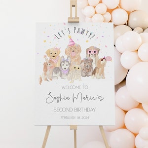 Letrero de bienvenida editable para fiesta de cumpleaños de perro, póster de bienvenida para fiesta de cachorro, decoración imprimible de patitas, CLP201