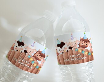 Editable Farm Animal Water Bottle Label, Barnyard Animal First Birthday Water Bottle Label, Printable Party Animal Theme Decoration, CLP263