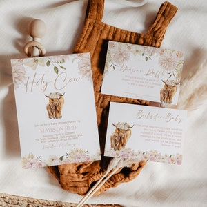 Editable Boho Highland Cow Baby Shower Invitation Bundle, Cow Floral Baby Shower Invite Set, Holy Cow, Instant Download, CLP15