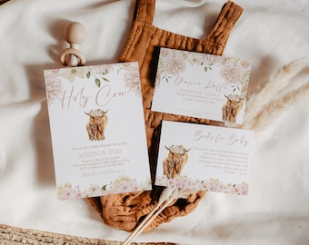 Boho Highland Cow Baby Shower Invitation Bundle (Instant Download) CLP15