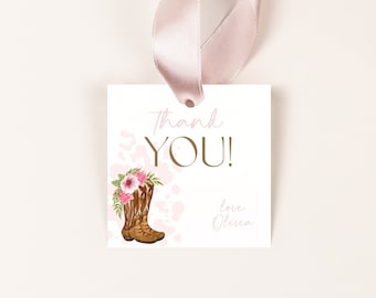May include: Pink and brown thank you tag with a pair of brown cowboy boots with pink flowers, a pink and white cow print background, and the text "Thank YOU! love, Olivia."