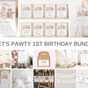 Editable Girl Dog 1st Birthday Invitation + Decoration Bundle, Puppy Party Invite + Decor Pack, Girl First Let's Pawty Invite Bundle, CLP201