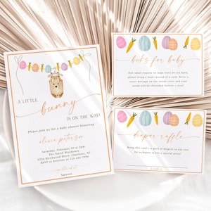 Bearbeitbares Oster-Babyparty-Einladungspaket, druckbar Ein kleiner Hase ist unterwegs Babyparty-Einladungsset, Pastellfrühlingsbaby, BBS44