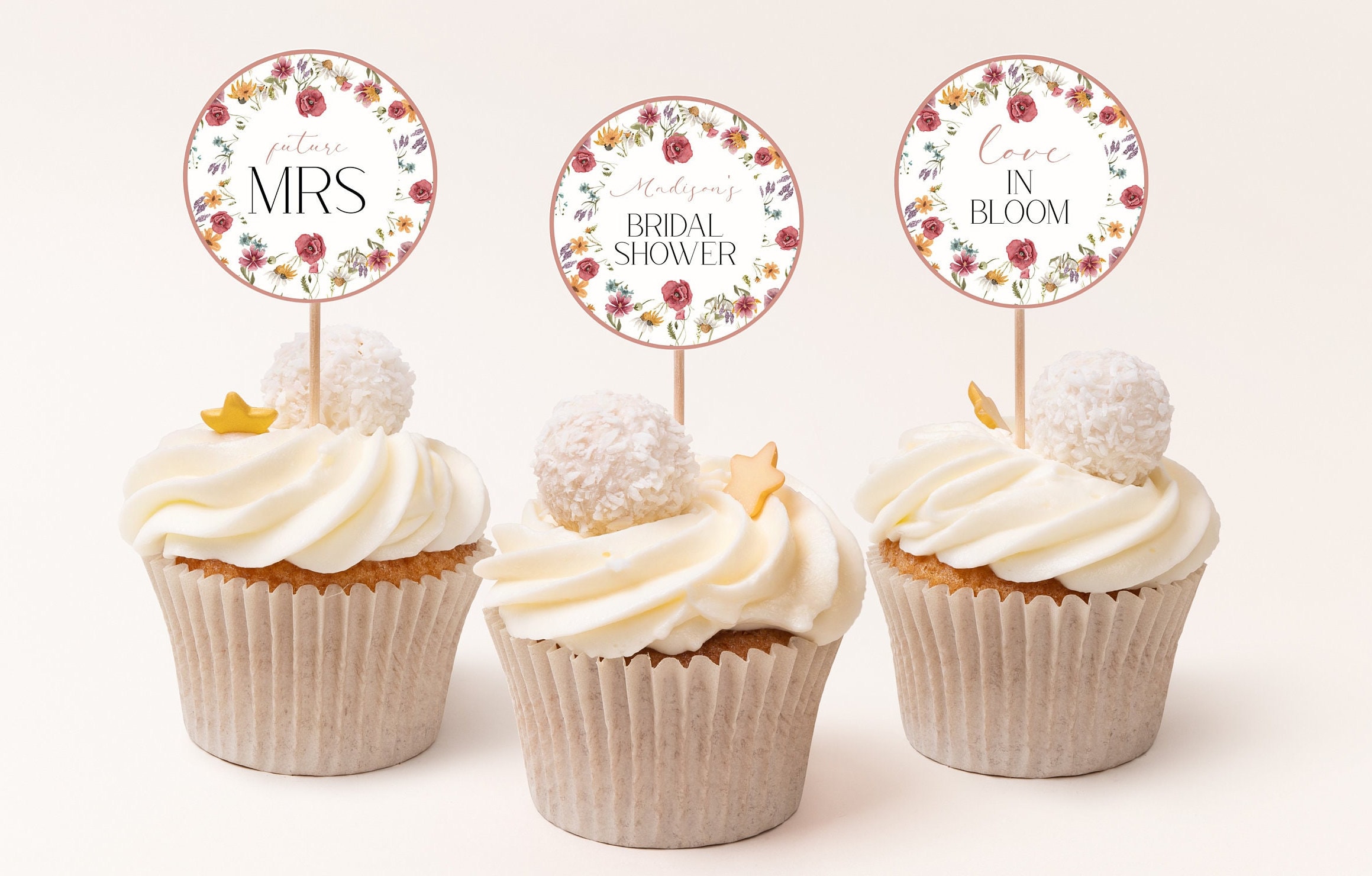 Editable Wildflower Bridal Shower Cupcake Toppers Printable Boho Bridal Shower Cupcake Decoration Floral Spring Bridal Shower