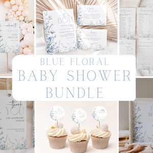Stoffige blauwe wilde bloemen babyshower uitnodiging + decoratiebundel, blauwe bloemen babyshower uitnodigingsset, tuin baby in bloei, BBS69