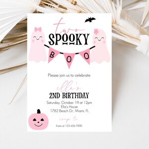 Halloween Birthday Invitation template, Two Spooky Invite, Girls 2nd Birthday Party, Pink Ghost Invitation, Instant Download, Editable