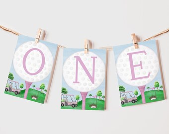 Pink Golf 1st Birthday Banner, Editable Party Decoration (Digital Download) BB4