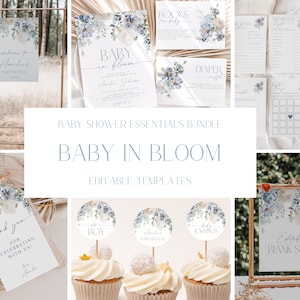 Baby in Bloom Baby Shower Invitation + Decoration Bundle, Dusty Blue Floral Baby Shower Invite Set, Boy Baby Shower Invitation, CLP67