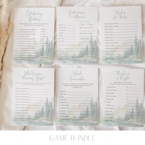 a collection of six baby-related games or activities, each with a title and a list of questions or tasks, arranged in a grid-like pattern on a white background.