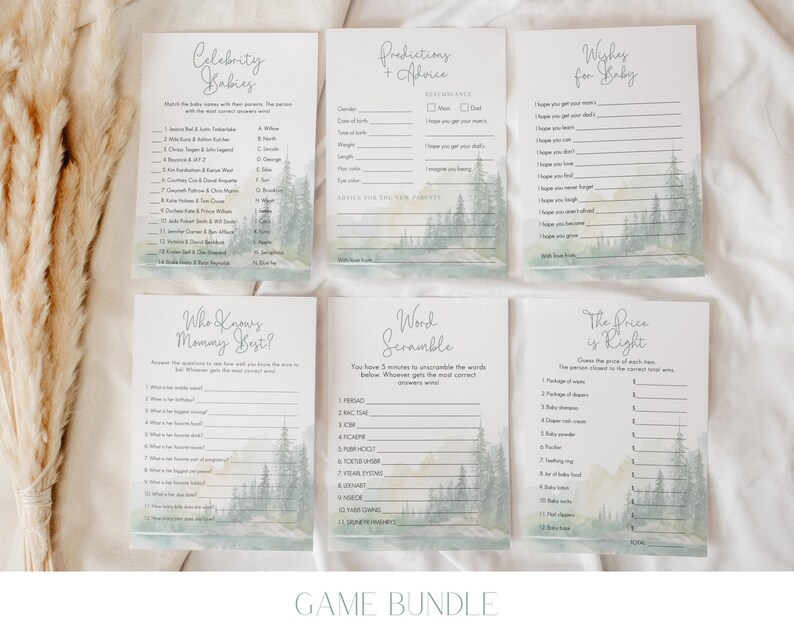 a collection of six baby-related games or activities, each with a title and a list of questions or tasks, arranged in a grid-like pattern on a white background.