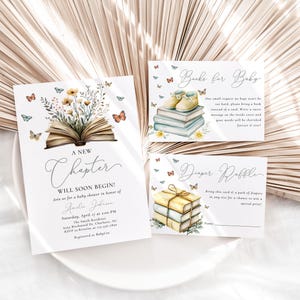 Ein neues Kapitel beginnt Babyparty Einladung Set, Storybook Baby Shower Invite Set, Wildblume und Schmetterling, Neutral Baby Shower BBS155