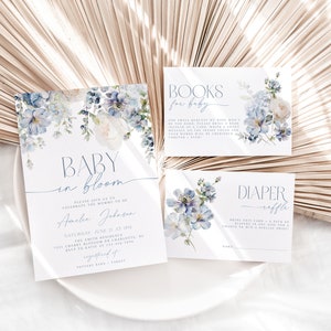 May include: Blue and white floral baby shower invitation cards with the text "Baby in Bloom" and "Books for Baby" and "Diaper Raffle".