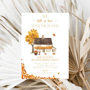 May include: A housewarming party invitation with a watercolor illustration of a house, tree, and autumn leaves. The text reads "We fell in love with the house!" and includes party details. The design features a warm color palette.