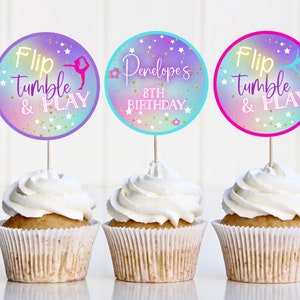 Gymnastics Birthday Cupcake Topper, Flip Tumble & Play Cupcake Topper, Girls Jump, Girls Gymnastics, Instant Download, Editable
