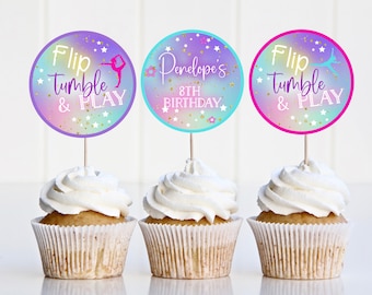 Gymnastics Birthday Cupcake Topper, Flip Tumble & Play Cupcake Topper, Girls Jump, Girls Gymnastics, Instant Download, Editable