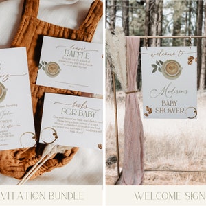 May include: A set of printable baby shower invitations and a welcome sign with a coffee cup theme. The invitation features a coffee cup with a heart and the text "A Sweet Baby is Brewing". The welcome sign features a coffee cup with leaves and the text "Welcome to Madison's Baby Shower".