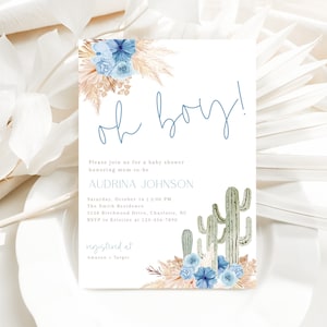 Editable Boho Cactus Baby Shower Invitation, Blue Boy Succulent Baby Shower Invite, Mexican Fiesta Baby Shower, BBS9