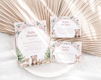 May include: Pink and green baby shower invitation with a woodland theme. The invitation features a bear, fox, and rabbit with a floral border. The text reads "Baby Shower" in honor of "Savannah Jackson".