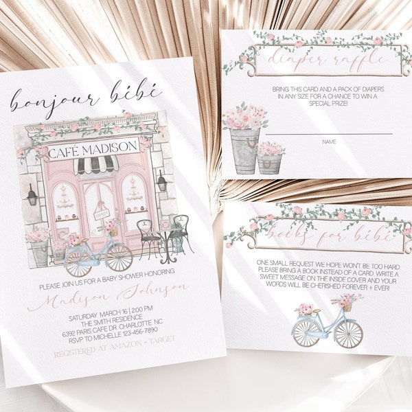 Editable Paris Baby Shower Invitation Bundle, Baby Girl French Patisserie Invite, Paris Cafe, French Bakery, Instant Download, CLP28