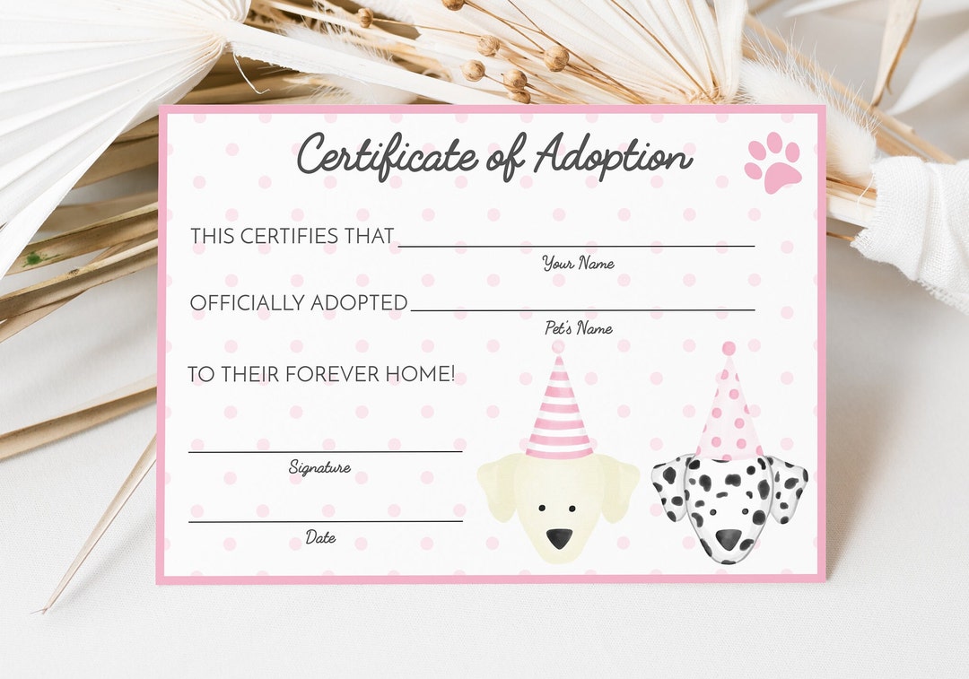 Pink Dog Birthday Adoption Certificate, Puppy Pawty (digital Download ...
