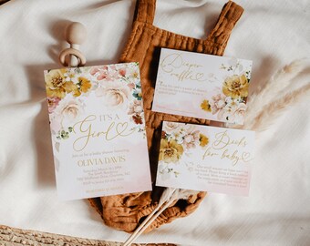 May include: Baby shower stationery set featuring a floral design. The invitation card says "It's a Girl" in gold script, with event details. Accompanying cards include "Diaper Raffle" and "Books for Baby". The colour scheme is soft pink and yellow.