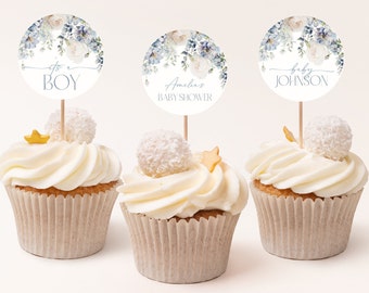 Dusty Blue Floral Cupcake Toppers, Editable Baby Shower Decor (Digital Download) CLP67