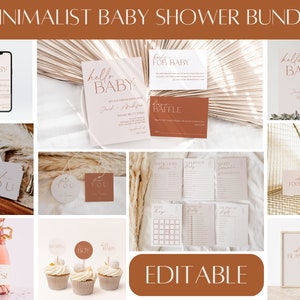 Peut inclure: Un ensemble de f&ecirc;te pr&eacute;natale minimaliste avec des mod&egrave;les imprimables modifiables en rose et marron. L'ensemble comprend une pancarte de bienvenue, une invitation, des cartes de remerciement, des &eacute;tiquettes alimentaires, un ticket de tombola et des jeux. Le texte "Editable" est affich&eacute; dans un rectangle marron.