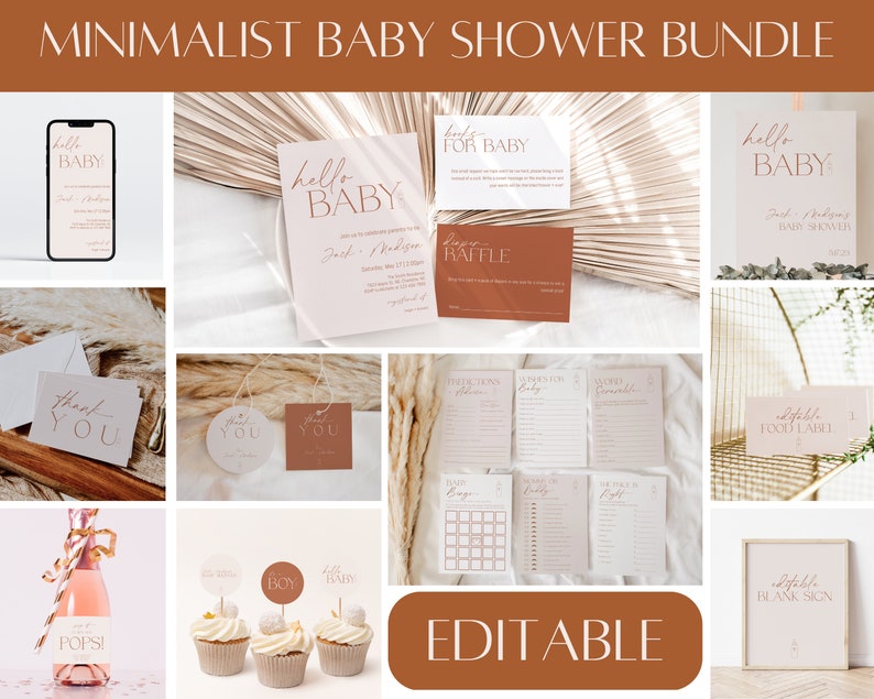 Peut inclure: Un ensemble de f&ecirc;te pr&eacute;natale minimaliste avec des mod&egrave;les imprimables modifiables en rose et marron. L'ensemble comprend une pancarte de bienvenue, une invitation, des cartes de remerciement, des &eacute;tiquettes alimentaires, un ticket de tombola et des jeux. Le texte "Editable" est affich&eacute; dans un rectangle marron.