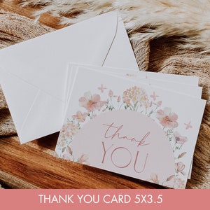 May include: A thank you card with a floral design in shades of pink and white. The card features a pink circle with the text "thank you" in a cursive font. The card measures 5x3.5 inches.