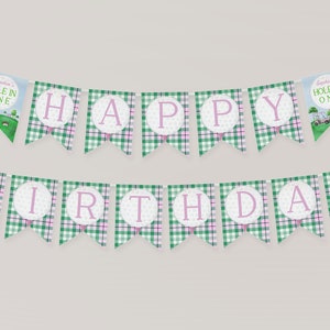 Banner de aniversário rosa com tema de golfe, decoração de festa xadrez estilo preppy (download digital) BB4
