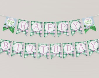 Editable Pink Golf Birthday Banner, Preppy Plaid Party Decor (Digital Download) BB4