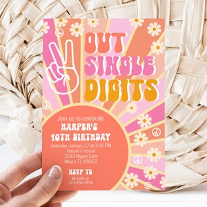 Editable Hippie Peace Out Single Digits Invitation, Groovy 10th Birthday Invite, Rainbow Retro Daisy Hippie, 70&#39;s Peace, Instant Download