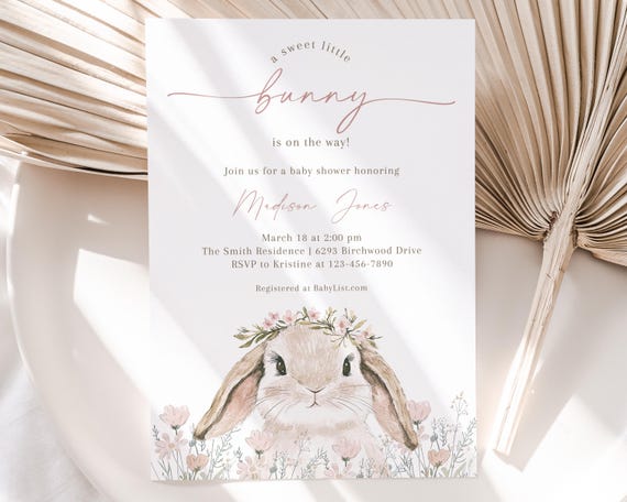 Editable Bunny Baby Shower Invitation, Wildflower Easter Rabbit Baby Shower Invite, Floral Bunny Girl Baby Shower Invitation, BBS138