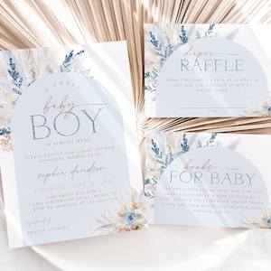 Boho Blue Floral Pampas Baby Shower Invitation Bundle, Bohemian Boy Baby Shower Invite Set, Slate Blue Baby Shower, Sweet Baby Boy, CLP95