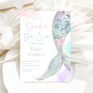 Editable Mermaid Tail First Birthday Invitation Template, Under the Sea Mermaid Birthday Invite, Girl 1st Mermaid Bash, CLP213
