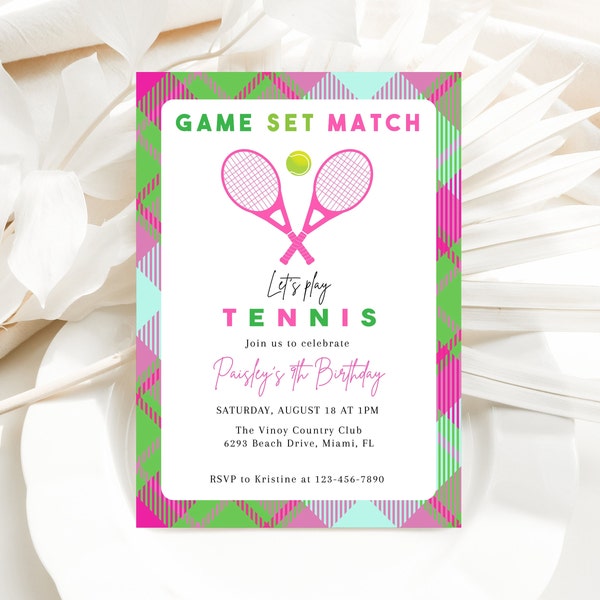 Editable Tennis Birthday Invitation template, Hot Pink + Green Game Set Match Tennis Invite, Printable Girls Birthday Invitation, CLP182