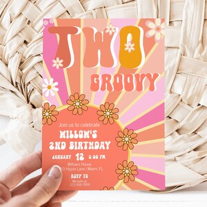 Editable Two Groovy Invitation, Groovy 2nd Birthday Invite, Rainbow Retro Daisy Hippie Birthday Invite, 70&#39;s Peace Love, Instant Download