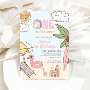 Retro Girls Beach 1st Birthday Party Invitation, Girls