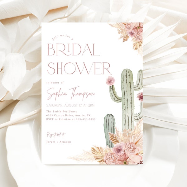 Editable Cactus Bridal Shower Invitation, Pink Succulent Wedding Shower Invite, Mexican Boho Fiesta Bridal Shower Invitation, CLP181