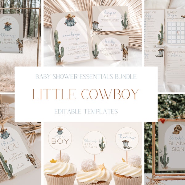 Little Cowboy Baby Shower Invitation + Decoration Bundle, Country Western Baby Shower Invite + Game Bundle Set, Cactus Cowboy Boots, CLP76