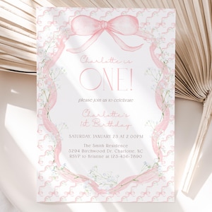Vintage Pink Bow Floral Birthday Invitation, Elegant Coquette Bow Invite, Dainty Girl First Birthday Invitation, Instant Download, CLP249