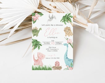 Girl Dinosaur Invitation | Editable Dino Party | Watercolor Floral Corjl Template | Instant Download
