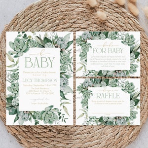 Editable Succulent Baby Shower Invitation Bundle template, Watercolor Greenery Baby Shower Invite, Eucalyptus, Instant Download