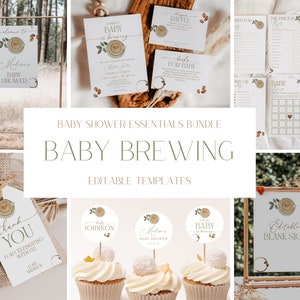 May include: A set of printable baby shower party decorations with a coffee theme. The decorations include a welcome sign, invitations, cupcake toppers, a thank you tag, a blank sign, and game cards. The design features a brown coffee cup with a heart and a floral motif.