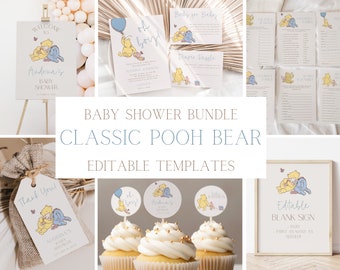 Puede incluir: Un paquete de baby shower con temática de Winnie the Pooh con plantillas editables. El paquete incluye un cartel de bienvenida, invitaciones, juegos, adornos para cupcakes y una etiqueta de agradecimiento. Las ilustraciones presentan a Winnie the Pooh y Piglet.