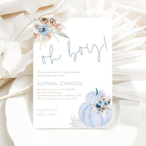 Boho Floral Oh Boy Pumpkin Baby Shower Invitation, Fall Boy Baby Shower Invite, Blue Little Pumpkin, Instant Download, CLP137