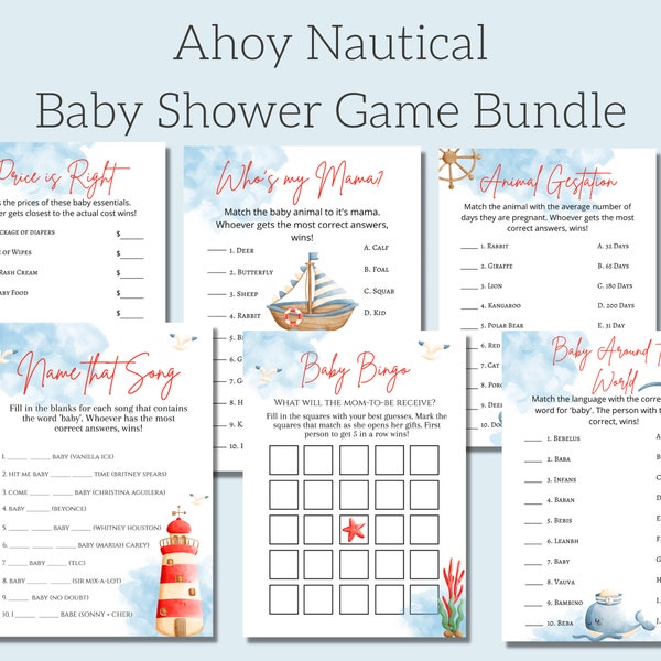 Ahoy Nautical Baby Shower Game Bundle, Nautical Baby Shower Games, Printable Games, Boy Baby Shower, Instant Download